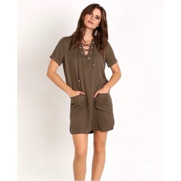 Lovers + Friends Woman's Sz S Waterfront Lace Up Dress in Olive Green - Picture 1 of 8